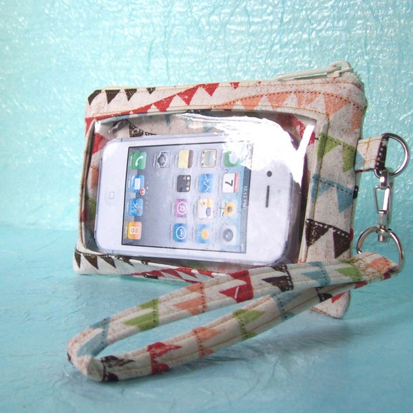 Touch Screen Wristlet, iphone case, smart phone wallet, touch screen phone case, bunting, birds, multicolor, fabric phone case