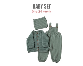 Patrón de punto para conjunto de bebé: cárdigan, pelele, gorro y botas. Regalo ideal para baby showers y cumpleaños.
