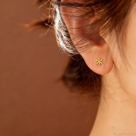 Dainty Snowflake Earrings: 14K Gold Plated Sterling Silver Studs
