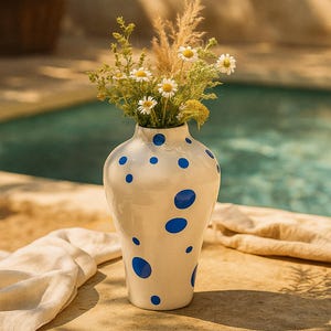 Large Mediterranean Ceramic and Porcelain Vase – White & Cobalt Blue Polka Dots