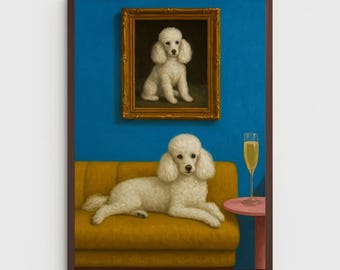 Impresión artística de un caniche caprichoso: surrealismo moderno, retrato de perro color champán