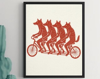 Impresión artística de lobos caprichosos en bicicleta tándem: ilustración rústica en rojo