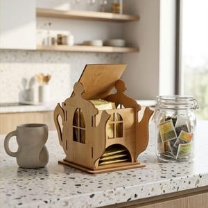 Peut inclure: Un organisateur de sachets de thé en bois brun clair en forme de théière avec un couvercle à charnière et des détails de fenêtres découpées. Il contient plusieurs sachets de thé dorés et repose sur un comptoir près d'une tasse en céramique grise.