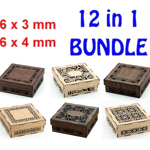 May include: A 12 in 1 bundle of square wooden boxes with laser-cut decorative lids and sides. The text 6 x 3 mm, 6 x 4 mm, and 12 in 1 BUNDLE is visible. The boxes feature various intricate geometric and floral patterns in light and dark wood tones.