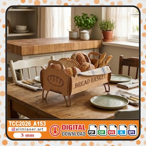 May include: A wooden bread basket filled with various types of bread, including loaves and baguettes. The basket has a handle and is labeled "BREAD BASKET". The basket is on a wooden table with plates and silverware. The image also includes the text "TCC2026_A153", "@alimlaser.art", "3 mm", and "DIGITAL DOWNLOAD".