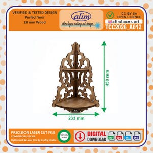 Archivo de corte láser para estante esquinero de 2 niveles, diseño de celosía ornamentada (descarga digital)