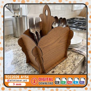 May include: A wooden utensil holder with a decorative design, holding forks and spoons. The holder is made of brown wood and has a cutout design on the top. The text "DIGITAL DOWNLOAD" is visible.
