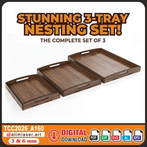 Set di vassoi impilabili, vassoio da tè rettangolare, file SVG e DXF (3 mm e 6 mm) (download digitale)