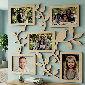 May include: A light-colored wooden wall-mounted photo frame display featuring a tree branch design with multiple rectangular frames. The arrangement holds five distinct family photographs, including portraits of children, a couple, and a group.