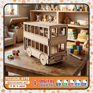 May include: A wooden double-decker bus model with detailed cutouts, sitting on a wooden table. The bus is light brown and has visible wheels and windows. The image also includes small wooden toy cars and a bear. Text on the image reads "TCC2026_A118" and "DIGITAL DOWNLOAD".