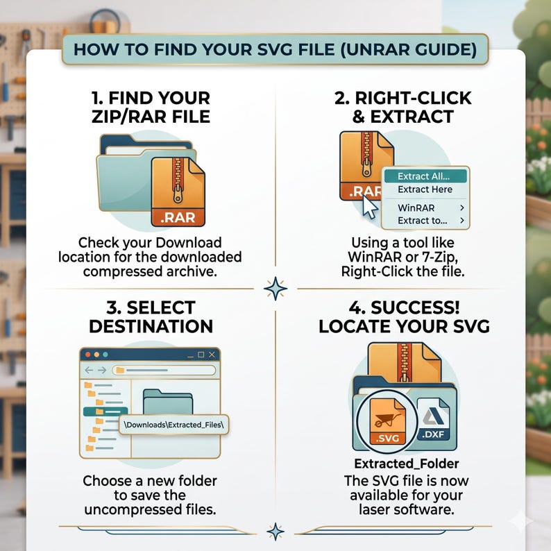 May include: An instructional infographic titled HOW TO FIND YOUR SVG FILE (UNRAR GUIDE) with four steps: 1. Find your ZIP/RAR file, 2. Right-click and extract, 3. Select destination, and 4. Success! Locate your SVG, featuring icons of folders and files.