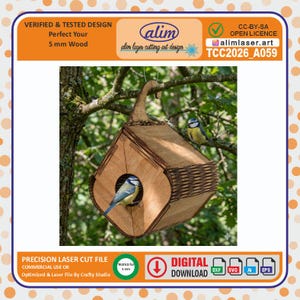 May include: A laser-cut wooden birdhouse with a distinctive shape, with a bird inside and another on a branch. The birdhouse is made of 5 mm wood. The image includes the text "alim laser cutting art design".