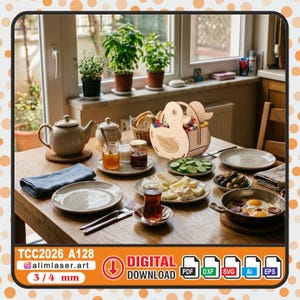 May include: A wooden duck-shaped basket filled with colorful candies sits on a wooden table set for a meal. The table includes plates, food, and a teapot. The image also includes the text "DIGITAL DOWNLOAD".