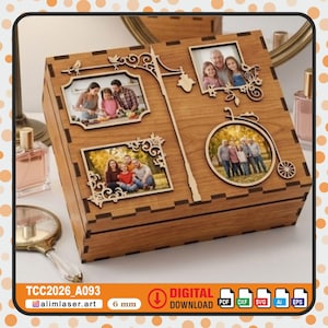 May include: Wooden photo box with four picture frames and decorative cutouts. The box features a street lamp design and a bicycle wheel. The box is made of light brown wood and contains family photos. The text "TCC2026_A093" is visible.
