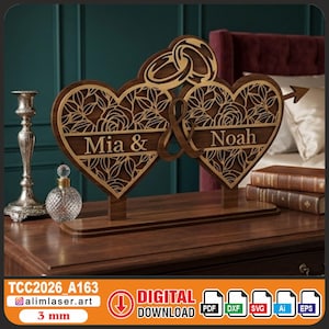 Personalisiertes Doppelherz Hochzeitsschild, Rose graviertes Holz (Digitaler Download)