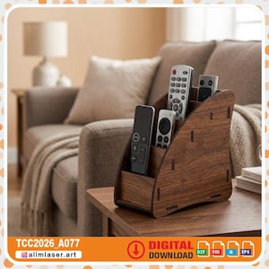 May include: A wooden remote control organizer with multiple compartments, holding various remotes. The organizer is a dark brown color and sits on a wooden table. The background includes a sofa and a lamp. The text "DIGITAL DOWNLOAD" is visible.