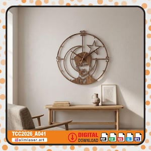 May include: Wooden wall clock featuring a portrait of a person, a star, and a crescent moon design. The clock has a circular frame with the numbers 12, 3, and 9 visible. The clock is mounted on a white wall.