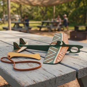 May include: A green wooden toy aeroplane featuring white and brown geometric patterns on the wings and tail, accompanied by a separate yellow wooden handle and a brown elastic band used for launching the glider into the air.