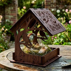 Pode incluir: Um comedouro de madeira castanho-escuro com um telhado de duas águas com desenhos de pássaros e flores cortados a laser. A estrutura inclui painéis laterais em forma de ramos de árvore e uma plataforma com um ninho e penas.