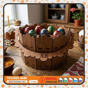 Cesta de ovos de Páscoa cortada a laser em SVG, bandeja de madeira com alça (download digital)