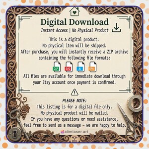 May include: A digital download information card featuring a decorative brown border with grape vine motifs. The text reads Digital Download, Instant Access, No Physical Product, and lists DXF, SVG, AI, and EPS file formats. A key and scissors are visible.