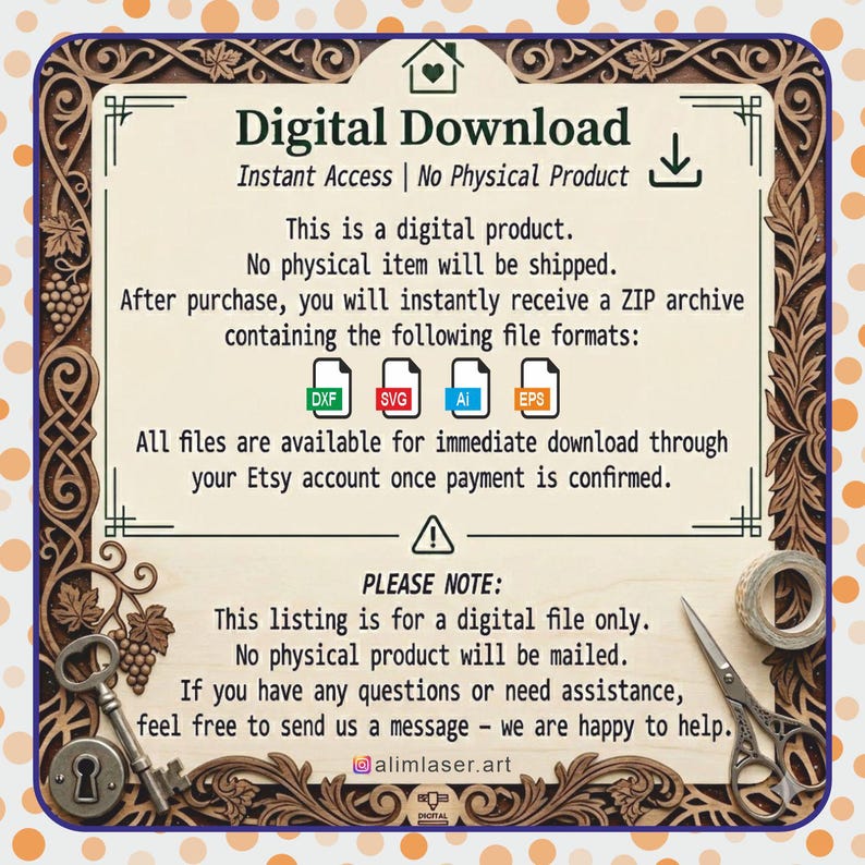 May include: A digital download information card featuring a decorative brown border with grape vine motifs. The text reads Digital Download, Instant Access, No Physical Product, and lists DXF, SVG, AI, and EPS file formats. A key and scissors are visible.