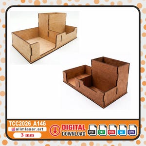 May include: Two wooden desk organizers with a multi-compartment design, featuring a tall back section and a lower front tray. One organizer is light tan, and the other is dark brown. The text TCC2026_A146, alimlaser.art, and 3 mm is visible.