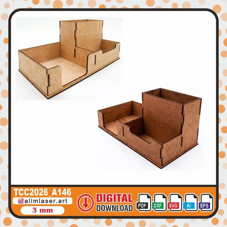 May include: Two wooden desk organizers with a multi-compartment design, featuring a tall back section and a lower front tray. One organizer is light tan, and the other is dark brown. The text TCC2026_A146, alimlaser.art, and 3 mm is visible.