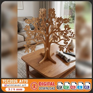 Puede incluir: Un objeto decorativo de madera con forma de árbol, con intrincados detalles recortados de hojas y flores. El árbol está sobre una mesa de madera. La imagen incluye el texto "DESCARGA DIGITAL" e iconos de tipos de archivo.