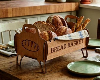 May include: A rectangular wooden bread basket with four legs and two handles, featuring a laser-engraved bread loaf icon on the side and the text BREAD BASKET. The basket is lined with a white fabric featuring blue stripes and contains various loaves.