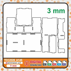 May include: A digital vector file template for laser cutting, featuring various flat geometric shapes with slots for assembly. The text 3 mm is displayed in green. The bottom orange bar includes the text TCC2026_A146, alimlaser.art, and DIGITAL DOWNLOAD with icons for PDF, DXF, SVG, Ai, and EPS file formats.