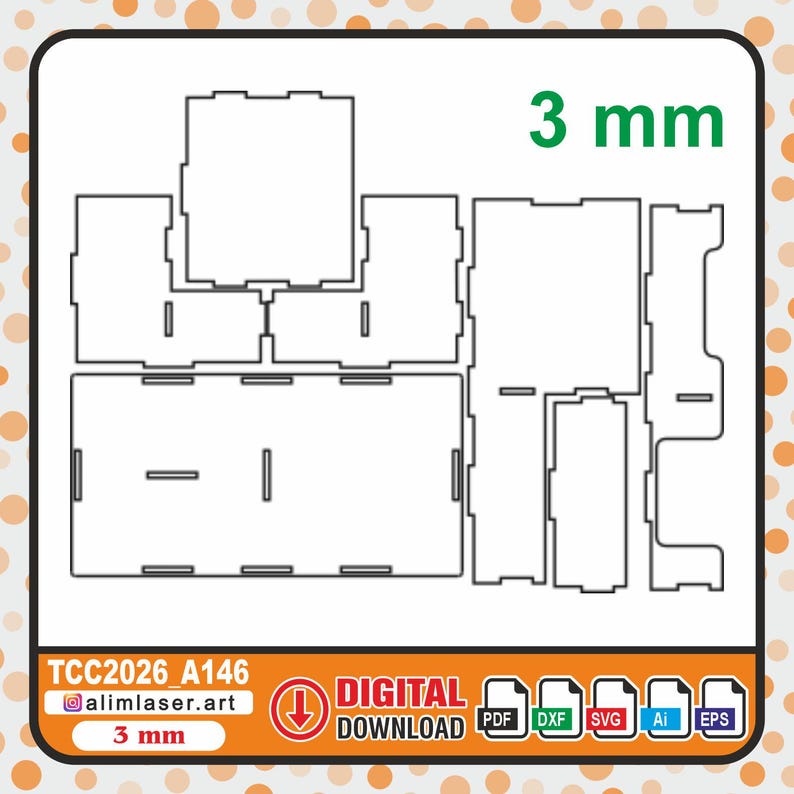 May include: A digital vector file template for laser cutting, featuring various flat geometric shapes with slots for assembly. The text 3 mm is displayed in green. The bottom orange bar includes the text TCC2026_A146, alimlaser.art, and DIGITAL DOWNLOAD with icons for PDF, DXF, SVG, Ai, and EPS file formats.