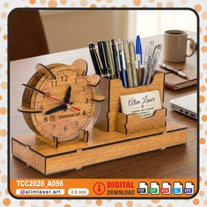 May include: Wooden desk organizer with a clock, pen holders, and a business card holder. The clock has a clear face and red hands. The organizer is made of light brown wood and has the text "Alim Laser" on the business card holder.