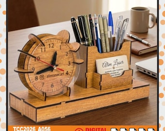Laser Cut Desk Organizer Clock Plan, Wood Office Table Design (Digital Download)