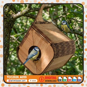 May include: A wooden birdhouse with a circular entrance hole and a curved hanging hook, featuring laser-cut patterns on the sides. Two blue and yellow birds are perched on the structure. Text includes TCC2026_A059, alimlaser.art, and 5 mm.