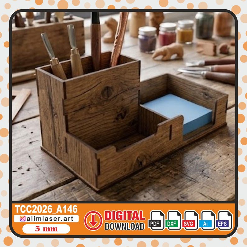 May include: A wooden desk organizer featuring a tall vertical compartment for tools and a lower horizontal section holding a stack of light blue sticky notes. The organizer is constructed from dark brown wood with visible grain and laser-cut joints.