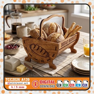 May include: A wooden bread basket filled with various types of bread and breadsticks. The basket has a handle and is labeled "BREAD BASKET". The basket is on a wooden table with other breakfast items. The basket is 4/5 mm thick.