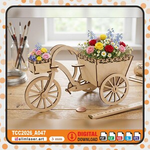 Maceta de triciclo cortada a láser SVG, archivo decorativo para organizar bicicletas (descarga digital)
