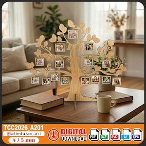 May include: A light-coloured wooden tree-shaped photo display stand featuring multiple small square frames hanging from branches. The base includes text reading TCC2026_A201, alimlaser.art, and 4 / 5 mm, indicating a digital download file.