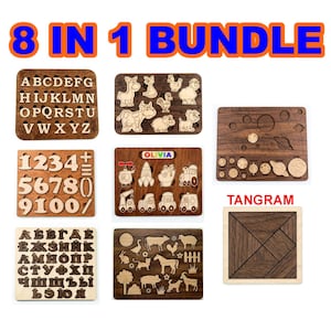 May include: An 8 in 1 bundle of wooden educational puzzles featuring an English alphabet board, a number board, a Cyrillic alphabet board, two animal-themed boards, a transportation board with the name Olivia, a solar system board, and a tangram.
