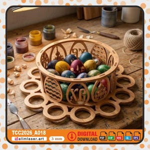 Soporte para huevos de Pascua cortado con láser en formato SVG, soporte de madera ortodoxo, cesta decorativa (descarga digital)