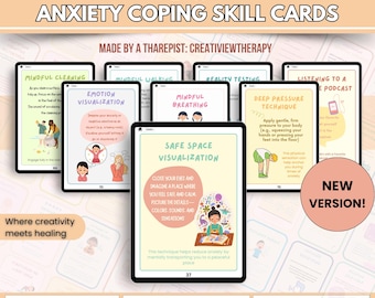 May include: A collection of 75 anxiety coping skill cards with 5 covers, featuring various techniques like mindful cleaning and deep pressure. The cards are fully hyperlinked and available in 4 sizes. The text on the cards includes "Safe Space Visualization".