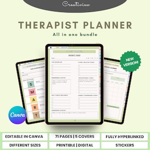 May include: A digital therapist planner bundle displayed on three tablets. The main tablet shows a daily planner layout with sections for priority tasks and reminders. The image includes the text "THERAPIST PLANNER" and "All in one bundle."