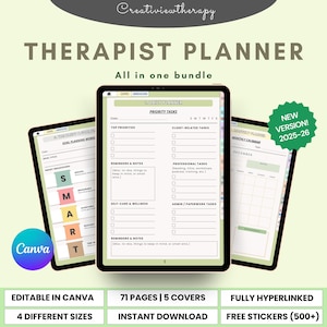 Könnte beinhalten: Ein digitales Therapeuten-Planer-Bundle mit Tagesplaner, Monatskalender und Arbeitsblättern zur Zielsetzung. Der Planer ist in Canva editierbar, enthält 71 Seiten, 5 Cover, 4 Größen und kostenlose Sticker. Die neue Version ist für 2025-26.