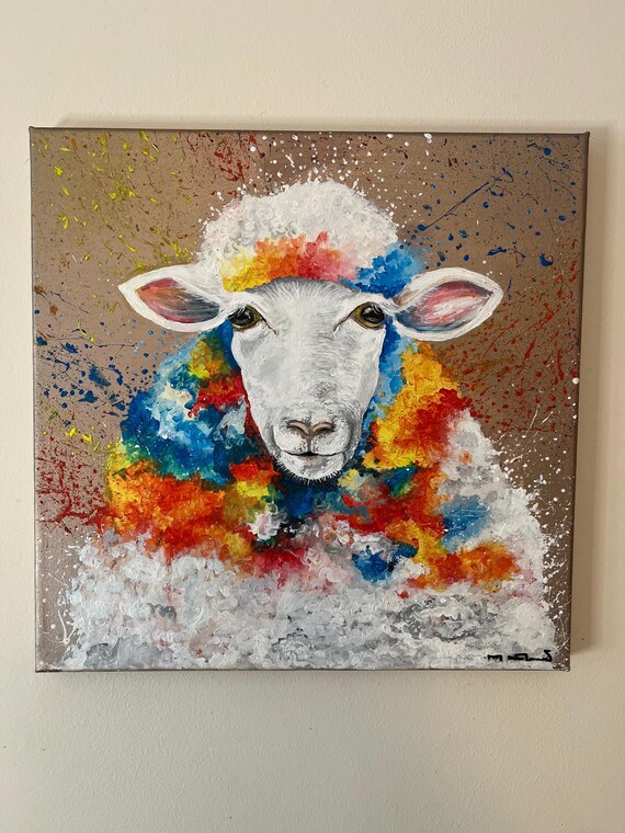 抽象的な羊の絵画：カラフルなアクリル動物アート、30 x 30 cm - Etsy 日本