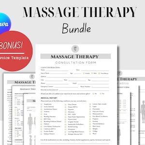 May include: A bundle of massage therapy forms, including a consultation form, notes, and an invoice template. The forms are white with gray accents and feature the text "MASSAGE THERAPY" and "Bundle". A red circle with "BONUS! invoice Template" is also visible.