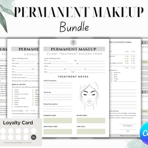 Puede incluir: Un paquete de formularios de maquillaje permanente, que incluye información del cliente, registros de tratamiento y formularios de consulta. Los formularios tienen un diseño minimalista con texto y dibujos lineales. También se incluye una tarjeta de fidelización.