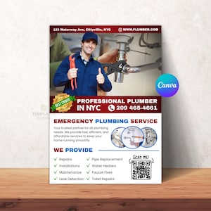 Może przedstawiać: Ulotka reklamowa dla profesjonalnego hydraulika w Nowym Jorku. Obraz przedstawia hydraulika trzymającego klucz i pokazującego kciuk w górę. Ulotka zawiera dane kontaktowe, oferowane usługi i kod QR.