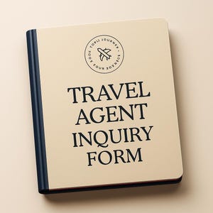 May include: A cream-colored notebook with the text "TRAVEL AGENT INQUIRY FORM" in black. The notebook has a dark blue spine and a circular logo with a plane. The words "BOOK YOUR JOURNEY" are in the logo.