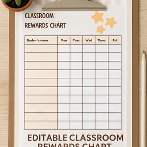 May include: A classroom rewards chart on a clipboard with a succulent plant and a pencil. The chart has spaces for student names and daily tracking. Text on the chart reads "Classroom Rewards Chart" and "Editable Classroom Rewards Chart".